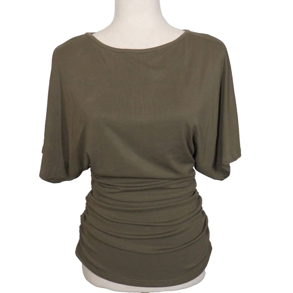 OGL Sandwashed Effortless Boatneck Batwing Sleeve Side Ruched Top Olive Size M